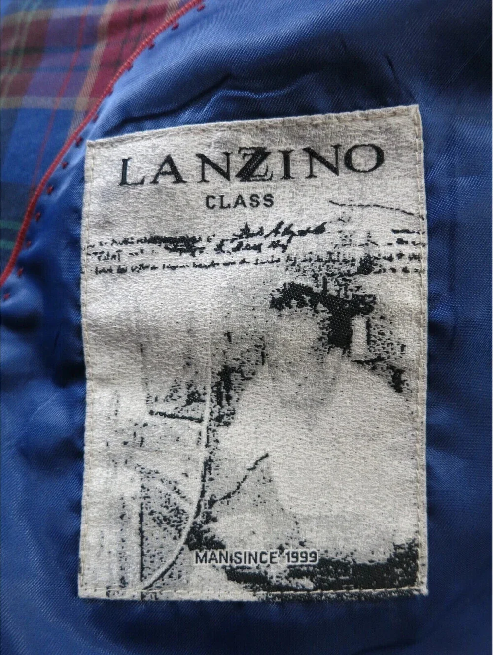 Lanzino Mens XL Navy Blue Marron Plaid Two Button Blazer